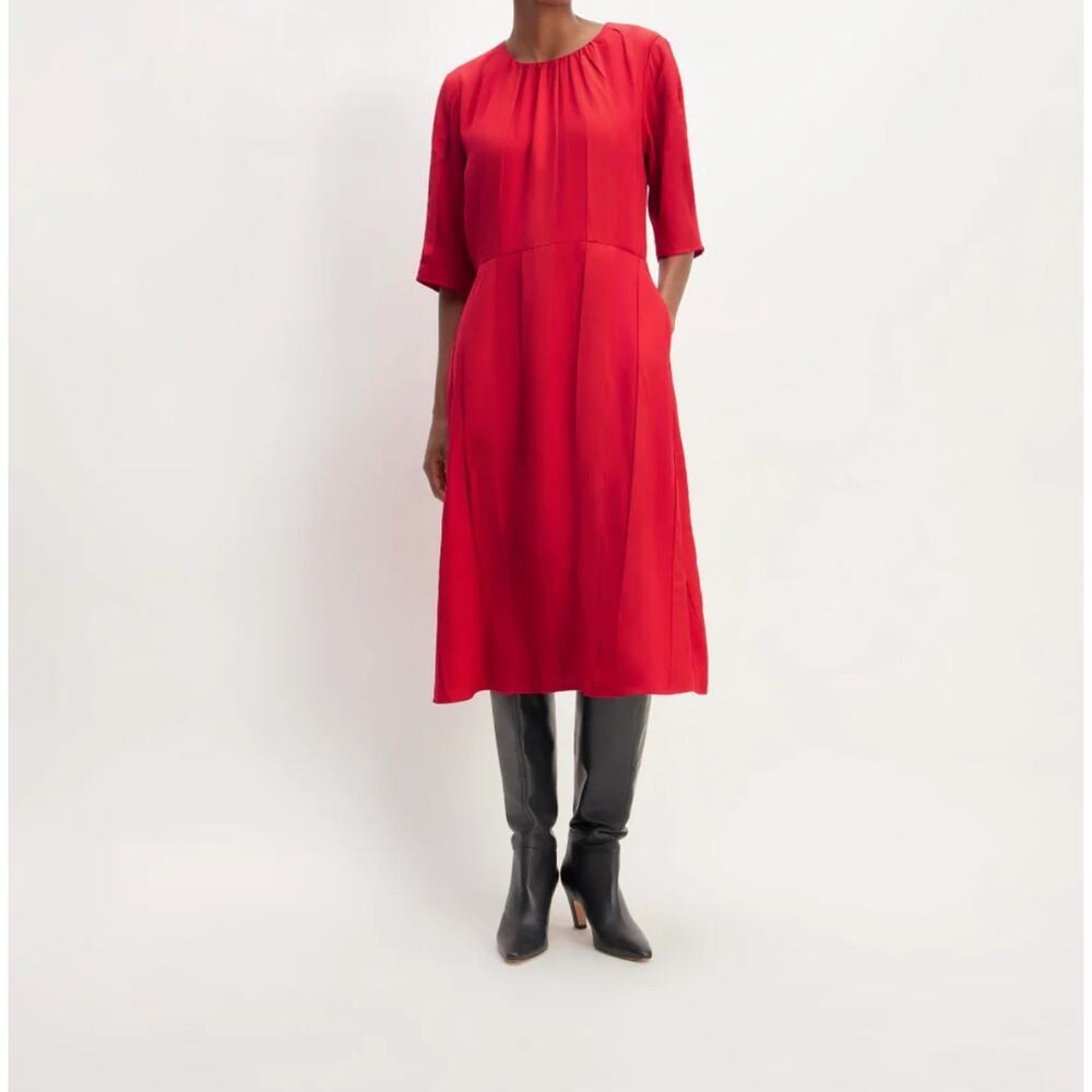 Everlane City Stripe Ruched Midi Dress Haute Red, Size 12 EUC